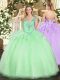 Apple Green Ball Gowns Tulle V-neck Sleeveless Beading Floor Length Lace Up 15th Birthday Dress