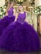 Customized Purple Sleeveless Organza Zipper Quinceanera Dress for Military Ball and Sweet 16 and Quinceanera