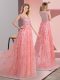 Pink Empire V-neck Sleeveless Tulle Sweep Train Zipper Beading and Appliques Homecoming Dress