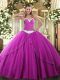 Luxurious Fuchsia Ball Gowns Tulle Sweetheart Sleeveless Appliques Lace Up Sweet 16 Dresses Brush Train