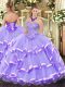 Lavender Organza Lace Up Quinceanera Gowns Sleeveless Floor Length Appliques and Ruffled Layers