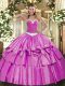 Super Lilac Sleeveless Floor Length Appliques and Ruffled Layers Lace Up Ball Gown Prom Dress