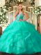Custom Fit Floor Length Turquoise Quinceanera Dress Straps Sleeveless Lace Up