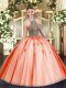Floor Length Coral Red Quince Ball Gowns Halter Top Sleeveless Lace Up