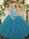 Beading and Ruffles Sweet 16 Dress Teal Lace Up Cap Sleeves Floor Length
