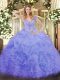Lavender Sleeveless Organza Lace Up Quince Ball Gowns for Military Ball and Sweet 16 and Quinceanera