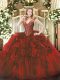 Custom Fit Sleeveless Organza Floor Length Lace Up Quinceanera Dress in Wine Red with Beading and Ruffles