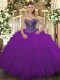 Inexpensive Purple Ball Gowns Tulle Sweetheart Sleeveless Beading and Ruffled Layers Floor Length Lace Up 15 Quinceanera Dress