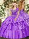 Floor Length Lace Up Sweet 16 Dresses Lavender for Military Ball and Sweet 16 and Quinceanera with Beading and Ruffled Layers