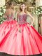 Hot Sale Coral Red Sleeveless Tulle Lace Up Vestidos de Quinceanera for Military Ball and Sweet 16 and Quinceanera