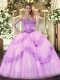 Custom Designed Lilac Tulle Lace Up 15 Quinceanera Dress Sleeveless Floor Length Beading