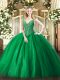 V-neck Sleeveless Quinceanera Dresses Floor Length Beading Green Tulle
