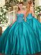 Teal Sleeveless Satin Lace Up Quince Ball Gowns for Military Ball and Sweet 16 and Quinceanera