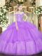 Lavender Ball Gowns Organza Off The Shoulder Sleeveless Beading and Ruffled Layers Floor Length Lace Up 15th Birthday Dress