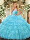 Aqua Blue Ball Gowns Organza Straps Sleeveless Beading and Ruffled Layers and Pick Ups Floor Length Lace Up 15th Birthday Dress