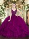 Tulle Straps Sleeveless Zipper Beading and Ruffles Quinceanera Gown in Fuchsia