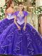 Purple Tulle Lace Up Sweetheart Cap Sleeves Floor Length Vestidos de Quinceanera Beading