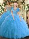 Aqua Blue Clasp Handle Quinceanera Gown Beading and Ruffled Layers Sleeveless Floor Length