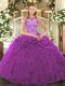 Scoop Cap Sleeves Organza Vestidos de Quinceanera Beading and Appliques and Ruffles Lace Up
