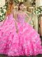 Elegant Rose Pink Sleeveless Embroidery and Ruffled Layers Floor Length Sweet 16 Dresses