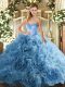 Sleeveless Fabric With Rolling Flowers Floor Length Lace Up 15th Birthday Dress in Aqua Blue with Beading