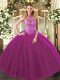 Fuchsia Ball Gowns Tulle Halter Top Sleeveless Beading and Embroidery Floor Length Lace Up Quinceanera Dresses