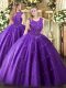 Purple Tulle Zipper Scoop Sleeveless Floor Length Ball Gown Prom Dress Beading and Appliques