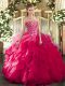 Ideal Hot Pink Sweetheart Lace Up Embroidery Ball Gown Prom Dress Sleeveless