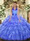 Sleeveless Floor Length Ruffled Layers and Pick Ups Lace Up Quinceanera Dress with Blue