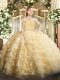 Flirting Floor Length Zipper Quinceanera Dress Gold for Military Ball and Sweet 16 and Quinceanera with Beading and Lace and Ruffled Layers