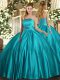 Strapless Sleeveless Quinceanera Gowns Floor Length Ruching Teal Satin