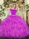 Fuchsia Short Sleeves Organza Zipper Quince Ball Gowns for Military Ball and Sweet 16 and Quinceanera