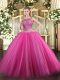 Hot Pink Lace Up Quinceanera Gowns Beading Sleeveless Floor Length