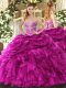 Modern Fuchsia Organza Lace Up Sweetheart Sleeveless Floor Length Quinceanera Dress Beading and Ruffles and Pick Ups