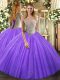 Lavender Ball Gowns Tulle Off The Shoulder Sleeveless Beading Floor Length Lace Up Ball Gown Prom Dress