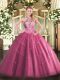 Fashion Lace and Appliques 15th Birthday Dress Hot Pink Lace Up Sleeveless Floor Length