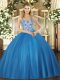 Exquisite Blue Ball Gowns Tulle Straps Sleeveless Beading and Appliques Floor Length Lace Up Sweet 16 Quinceanera Dress