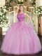 Floor Length Lace Up Sweet 16 Dresses Lilac for Military Ball and Sweet 16 and Quinceanera with Beading
