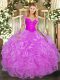 Glittering Lilac Organza Lace Up Quinceanera Dresses Long Sleeves Floor Length Lace and Ruffles
