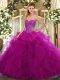 Floor Length Lace Up Quinceanera Dress Fuchsia for Military Ball and Sweet 16 and Quinceanera with Beading and Ruffles