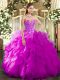 Fuchsia Ball Gowns Embroidery and Ruffles 15th Birthday Dress Lace Up Organza Sleeveless Floor Length