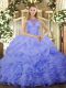 New Style Blue Organza Lace Up Quince Ball Gowns Sleeveless Floor Length Beading and Ruffles and Pick Ups