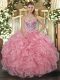 Charming Pink Tulle Lace Up Sweetheart Sleeveless Floor Length Quinceanera Dress Beading