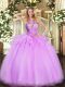 Perfect Lilac Organza Lace Up Halter Top Sleeveless Floor Length Quince Ball Gowns Beading