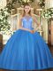 Custom Made Baby Blue Tulle Lace Up High-neck Sleeveless Floor Length Quinceanera Gowns Beading