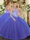 Blue Halter Top Lace Up Embroidery Sweet 16 Quinceanera Dress Sleeveless