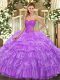 Sleeveless Organza Floor Length Lace Up Sweet 16 Dress in Lavender with Beading and Ruffled Layers and Pick Ups
