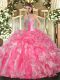 Rose Pink Organza Lace Up Sweet 16 Dress Sleeveless Floor Length Beading and Ruffles
