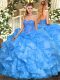 Trendy Floor Length Lace Up Quince Ball Gowns Baby Blue for Military Ball and Sweet 16 and Quinceanera with Beading and Ruffles
