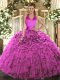 Clearance Floor Length Lace Up Sweet 16 Dresses Fuchsia for Military Ball and Sweet 16 and Quinceanera with Ruffles